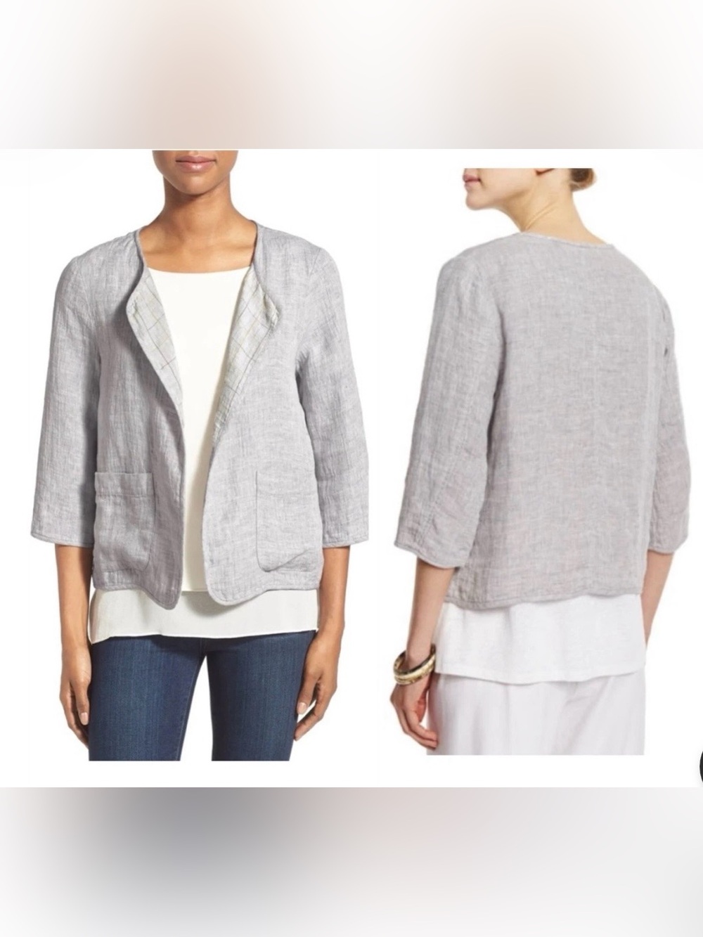 Eileen Fisher Light Gray Open-Front Linen Jacket